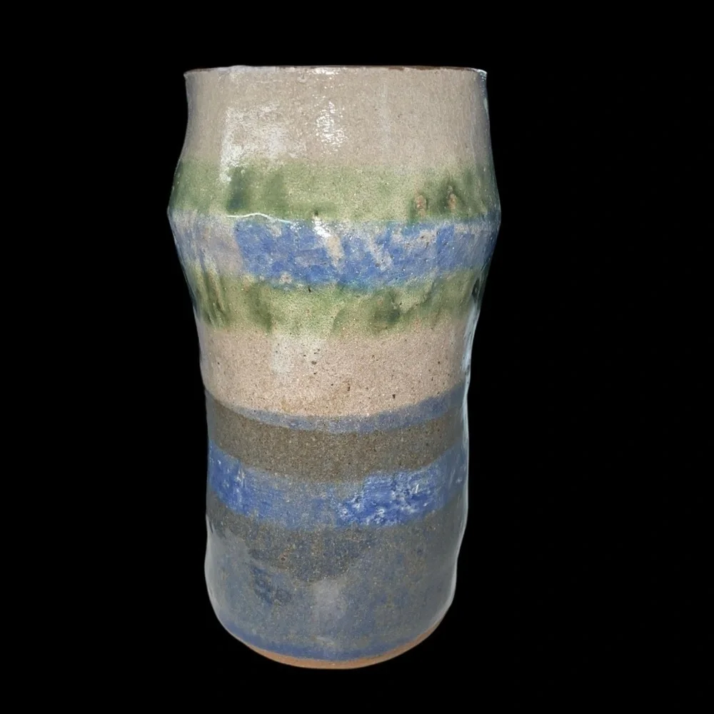 Vintage Handmade Stoneware Cylinder Vase Blue Gray Green Glaze 6.75